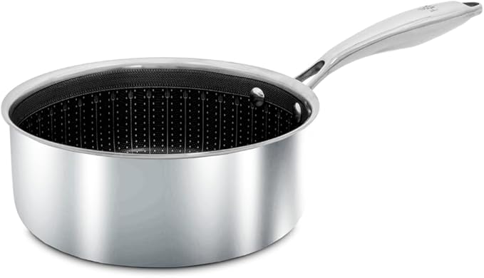 Hell's Kitchen Hybrid Saucepan & lid, Tri-Clad Stainless Steel and Nonstick Ceramic, PFAS Free, no PFOA, no PTFE, no Teflon, Non Toxic Cookware, Metal Utensil Safe, All Cooktops and Oven Safe (1.5 Qt)