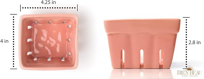 Ceramic Berry Basket, Farmhouse Colander, Strawberry Decor, Fruit Bowls, Fruit Baskets, Kawaii Strawberry Kitchen bowl, Pink White and Cute Strawberry pattern Stoneware Harvest Square Bowls Set of 4