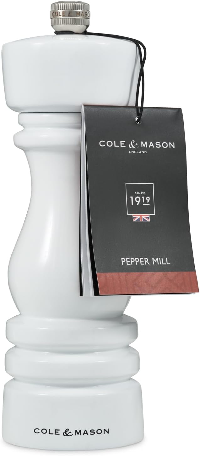 Cole & Mason London Refillable Spice Mill - Kitchen & Home Accessory - Table Black Pepper Grinder - Pepper Mill with Carbon Steel Mechanism - 7", White Gloss