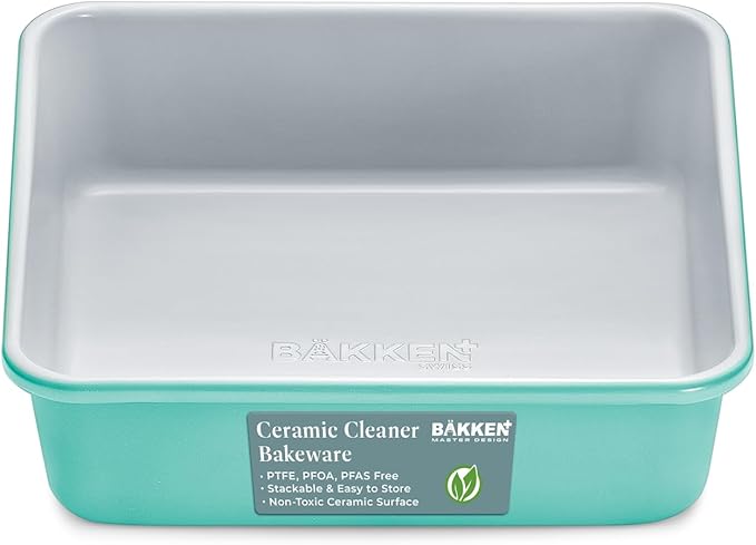 BAKKENMASTER Square Cake Pan - Aluminized Steel, Ceramic Non-Stick Coating, Non-Toxic, Ideal Size, Heavy-Duty, Elevate Your Baking with Durability and Style!