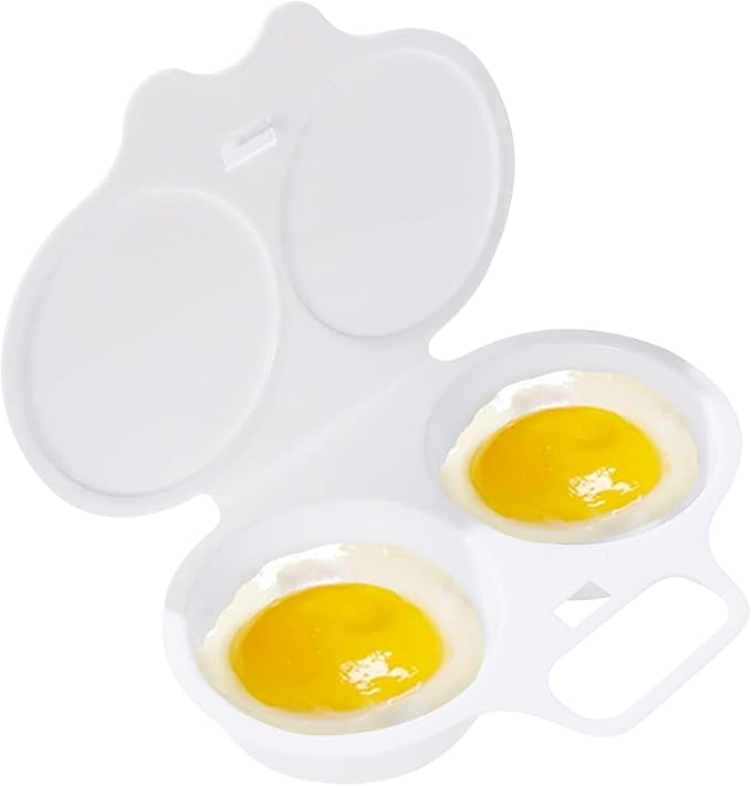 White Egg Poacher, Microwave Egg Boiler Poacher, 2 Cavity Nonstick Poached Egg Maker With Lid, Microwave Egg Cooker, Double Drain Poached Egg Cups Cookware, Egg Poachers（13 * 5cm）