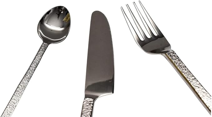 Bold & Divine Hammered Silver 5pcs Flatware Cutlery Set, Premium Stainless Steel Cutlery Set Service for 1 Include Knife/Fork/Spoon, Solid Stainless Steel Flatware