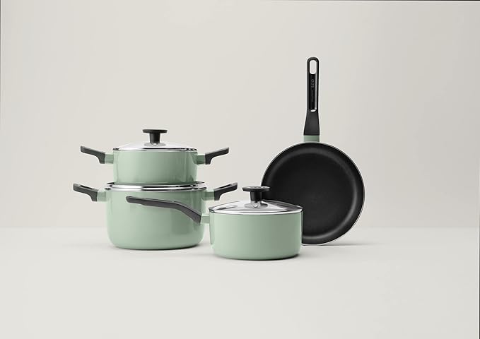 BergHOFF Sage Non-stick 7Pc Cookware Set, Glass Lid with Steam Vent, Pressed Aluminum, FernoGreen Non-toxic Nonstick Coating with Stay-cool Handle