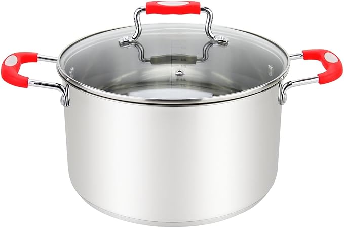 Stock Pot, Large Stainless Steel 11 Quart StockPot, Large Cooking Pot, Clear Glass Lid and Measurement Markings, Steam Hole, Induction, Gas, Electric Compatible Big Boiling Pot