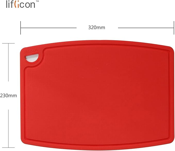 Thick Silicone Cutting Board 12.6'' x 9.1'' Juice Grooves Easy Grip Handle Dishwasher Safe-Red