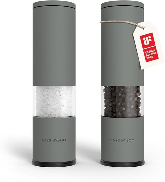 LARS NYSØM Salt and Pepper Grinder Set 2 pieces I Salt Pepper Mill with Adjustable Ceramic Grinder I Design Spice Grinder Set Manual(Ash Gray)