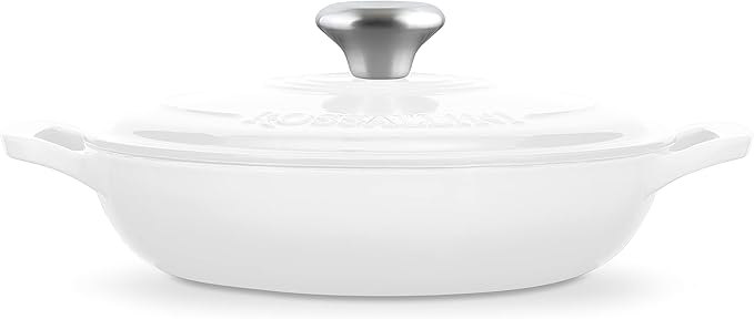 Signature Enameled Cast Iron Braiser, Non-Stick Serving Pot with Tight Fitting Lid for Perfect Roasting, Baking, Sauteing, Searing, and Pan Frying | 2.25Q (2.1L) - White