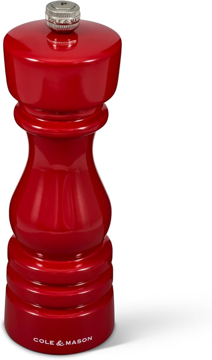 Cole & Mason London Refillable Spice Mill - Kitchen & Home Accessory - Table Black Pepper Grinder - Pepper Mill with Carbon Steel Mechanism - 7", Red Gloss