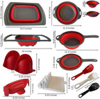 BaraBara Silicone 10 pcs Telescopic Collapsible Strainers with Handles, Foldable Bowl, Clip on Drainer. Red Spoon Rest, 3 ladle Masher Spoons. Silicone Gloves Heat Resistant Bundle Cooking Set.