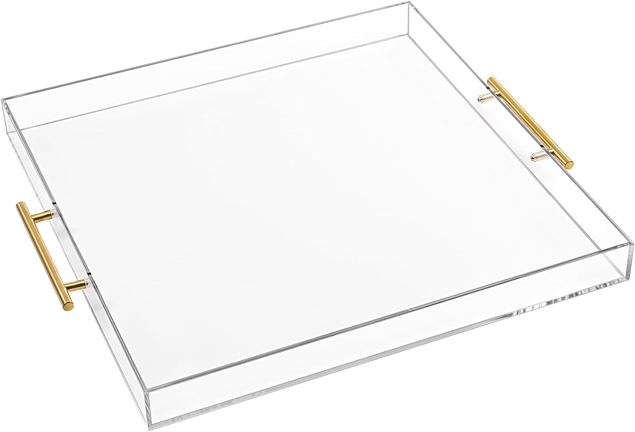 Extra Large Clear Acrylic Serving Tray (21×21 Inches) with Gold Handles Spill Proof Acrylic Over Size Big Decorative Tray Organiser for Ottoman Coffee Table Countertop