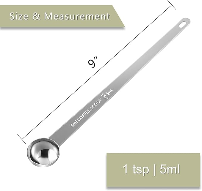 1PCS 1 Teaspoon Coffee Scoop, 9" Long Handle Measuring Spoon, 1tsp (5 ml) Stainless Steel Scooper