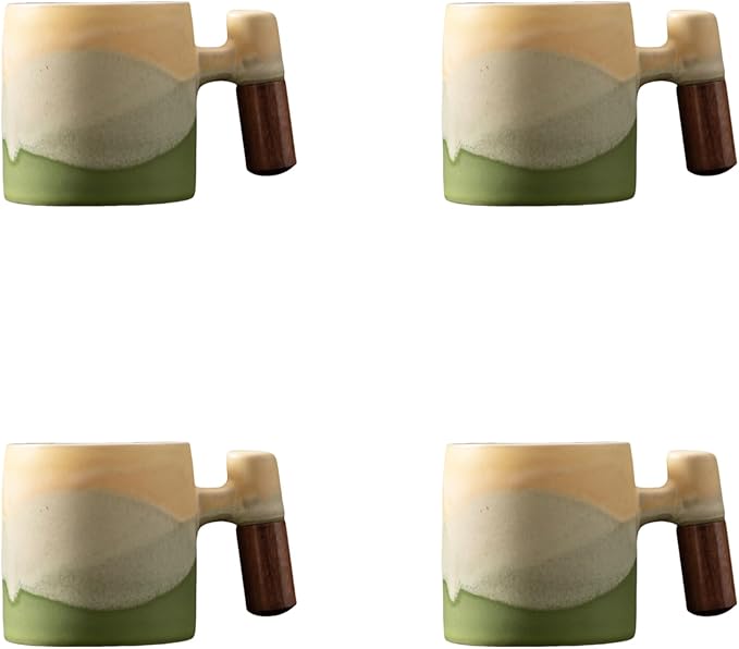 2-Oz Ceramic Espresso Cups with Wood Handle, 2/4-Piece Set for Coffee, Tea, Latte - Dishwasher Safe, Multi-Color & Wood Styles, Gift & Café Use (Kiln turning green, Wooden Handle4)