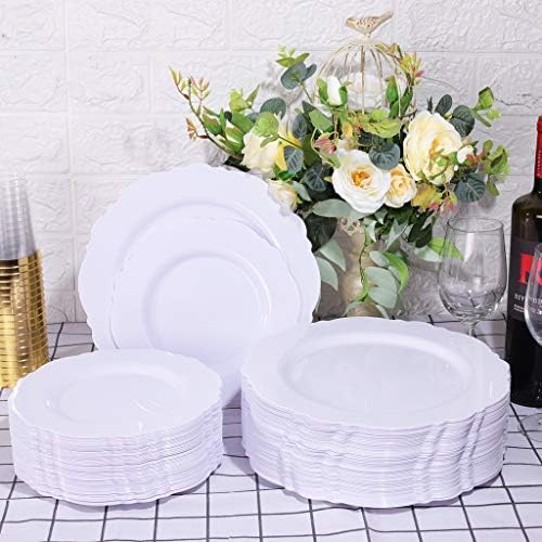 WDF 60pcs White Plastic Plates -10.25inch Baroque White Disposable Dinner Plates for Upscale Parties/Wedding