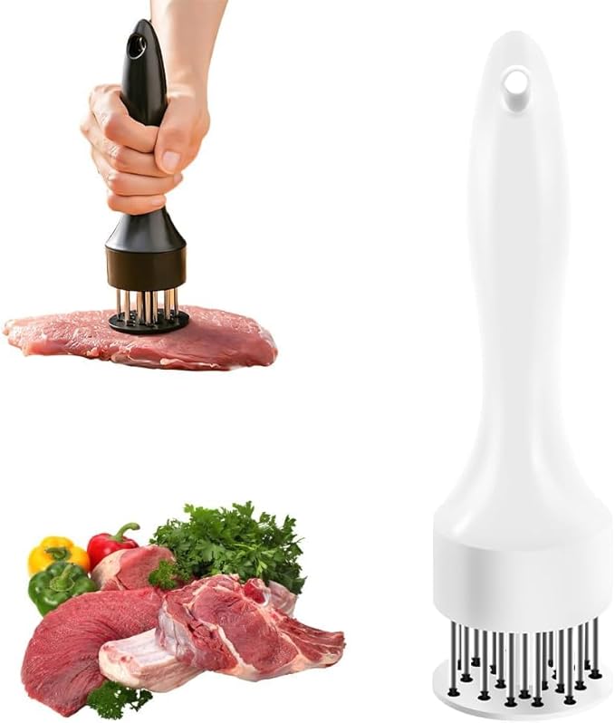 Stainless steel meat tenderizing tool, meat pounding hammer, equipped with 24 sharp needles, used for tenderizing and pounding steaks, beef, pork, chicken, grilling, and fish(White)