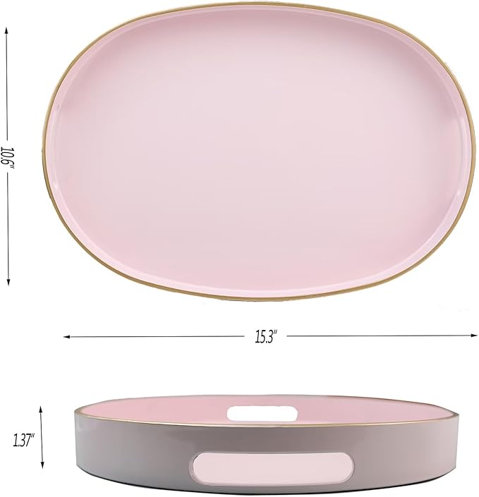 Pink Oval Decorative Tray with Handles, Versatile Serving Tray for Coffee Table, Ottoman, Ideal for Serving, Displaying, Organizing