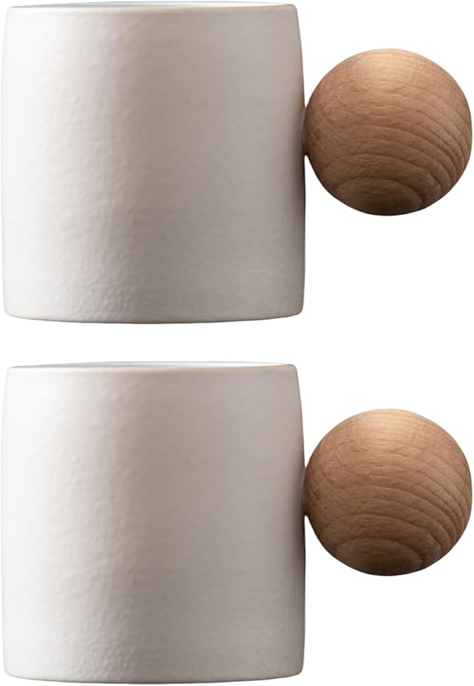 2-Oz Ceramic Espresso Cups with Wood Handle, 2/4-Piece Set for Coffee, Tea, Latte - Dishwasher Safe, Multi-Color & Wood Styles, Gift & Café Use (white, Round Handle2)