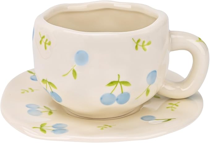Koythin Ceramic Coffee Mug with Saucer Set, Cute Creative Fresh Fruit Cup Unique Irregular Design for Office and Home, 10 oz/300 ml for Latte Tea Milk