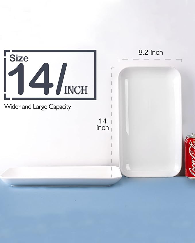 DELLING Large Serving Platter Set 14 inch Widened Large Serving Tray, White Rectangular Plates, Serving Platters for Entertaining, Serving Trays for Party, Oven Safe Dinnerware, Set of 3