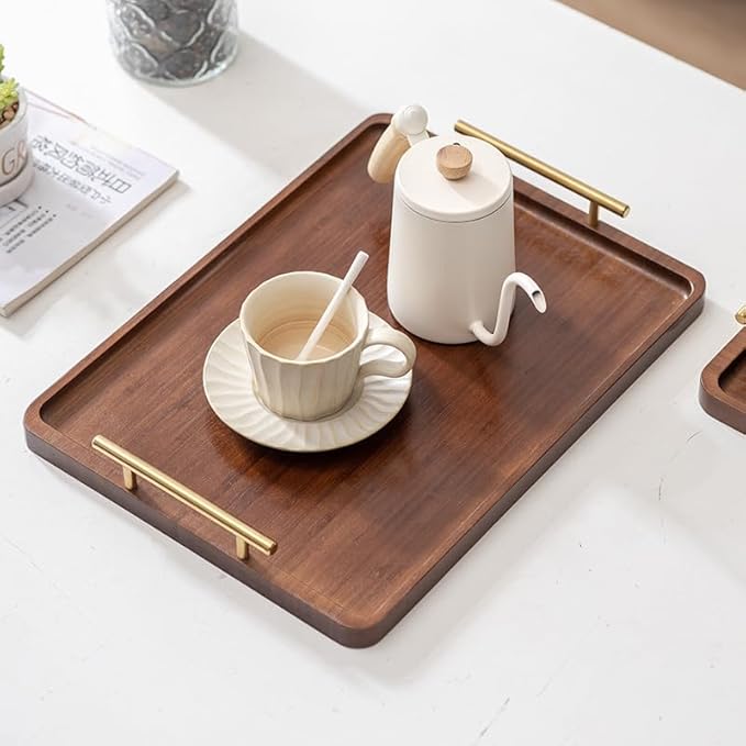 Bamboo Serving Tray with Gold Handles, Food Tray for Breakfast,Coffee Table,Dinner & Bar, Decorative Tray for Kitchen, Bedroom (Large)