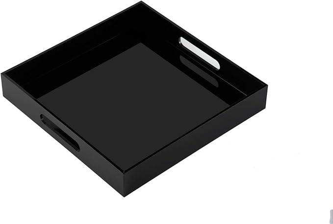 Glossy Black Acrylic Serving Tray - 14x14Inch, Multipurpose, Sturdy, Modern Style, Spill Proof, Countertop Organizer, Vanity Table Tray