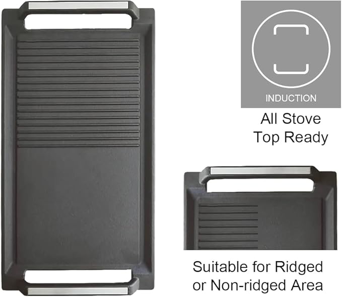 COVERCOOK Griddle Pan, Cast Iron Grill Hot Plate, Rectangular Grill, 2 handles with Flat and Ridged Surface for Induction Electric Cooktop，16.7 x 9.1inch