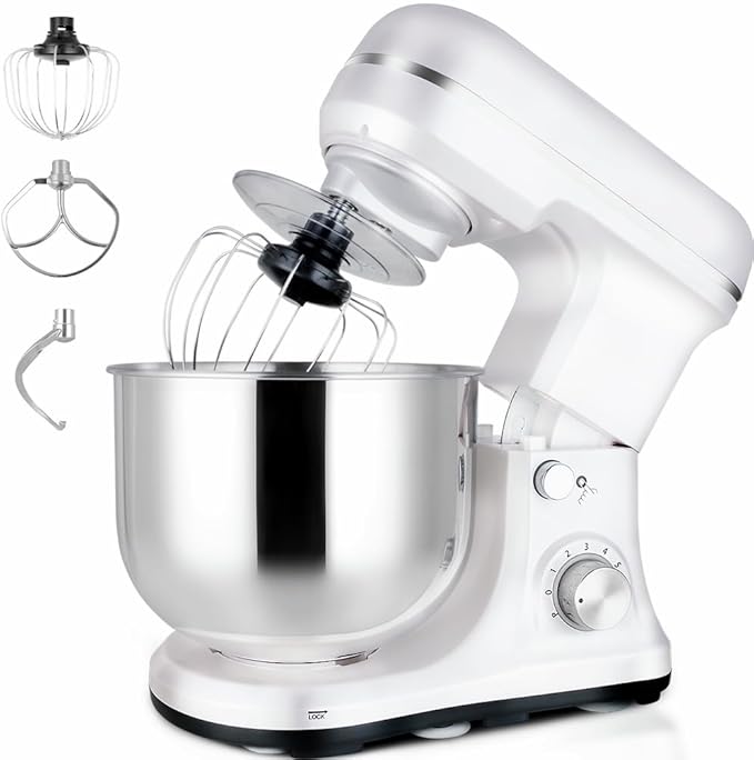 Stand Mixer 5-QT, 6+P Speed Tilt-Head Food Mixer 300W Dough Mixer with Stainless Steel Bowl,Dough Hook,Flat Beater&Whisk Electric Kitchen Mixer for Household Baking, Anti-Slip(Pearl White)