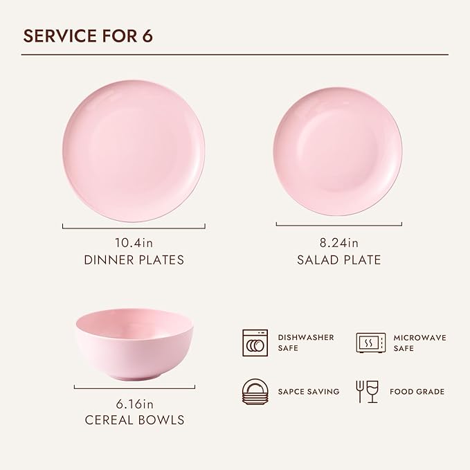 KINGSTONE Bone China Dinnerware Sets, 18-Piece Dinnerware Set for 6, Lightweight Durable, Dishwasher Safe, Tableware for Daily Use with Elegant Design, Pink