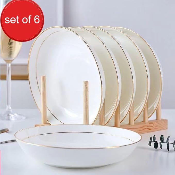White Ceramic Pasta Bowls Set of 6 Porcelain Dishes Dinner Plates Shallow Soup Bowl 8 Inch Kitchen Dinnerware