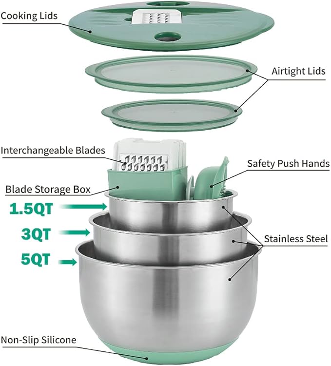 Mixing Bowls Set of 3 Stainless Steel Bowl with Lids Set, Nesting Bowls with Graters Airtight Lids for Cooking, Baking, Prepping(Green)