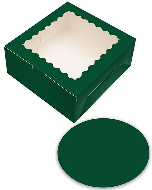 qiqee 10x10x5 Cake Box, 18 Sets Green Cake Box with Window ＆ 18 Sets 10" Gold Cake Round Boards, 10inch Cake Containers