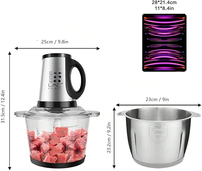 Large Food Processors,Meat Grinder Veggie Chopper with a Glass and a Stainless Steel Bowls,3 Speeds,2 pieces 6 Bi-Level Bladesand Spatula for Baby Food,Meat,Vegetables,Fruits(16+16 CUP)