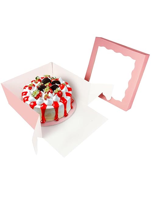 qiqee 12x12x6 Cake Box, 18 Sets Pink Cake Box with Window ＆ 18 Sets 8" Cake Round Boards, 8inch Cake Containers, 10 Meters Silk Ribbon