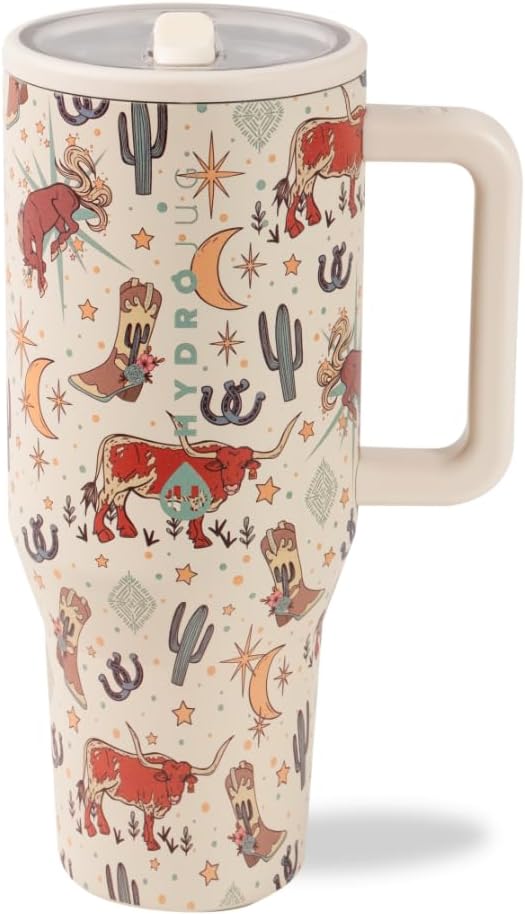 HydroJug Traveler - 32 oz Water Bottle with Handle & Flip Straw - Fits in Cup Holder, Leak Resistant Tumbler-Reusable Insulated Stainless Steel & Rubber Base - Gifts for Women & Men, Rodeo