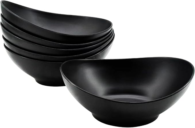 JOYMAY Oval Salad Bowls Set, 34oz Serving Bowls for Kitchen 8.8" Large Bowls for Soup, Oatmeal, Pasta, Snacks, Deep Soup Bowls Set for Salad, Fruit, Vegetable, Ramen, 6PC-Black