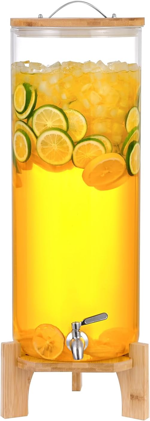 Beverage Dispenser,3.5 gallons Glass Drink Dispenser, With faucet wood stand Easy flow control, great for parties, bars & restaurants Large Beverage Dispensers. 3.5 gallons