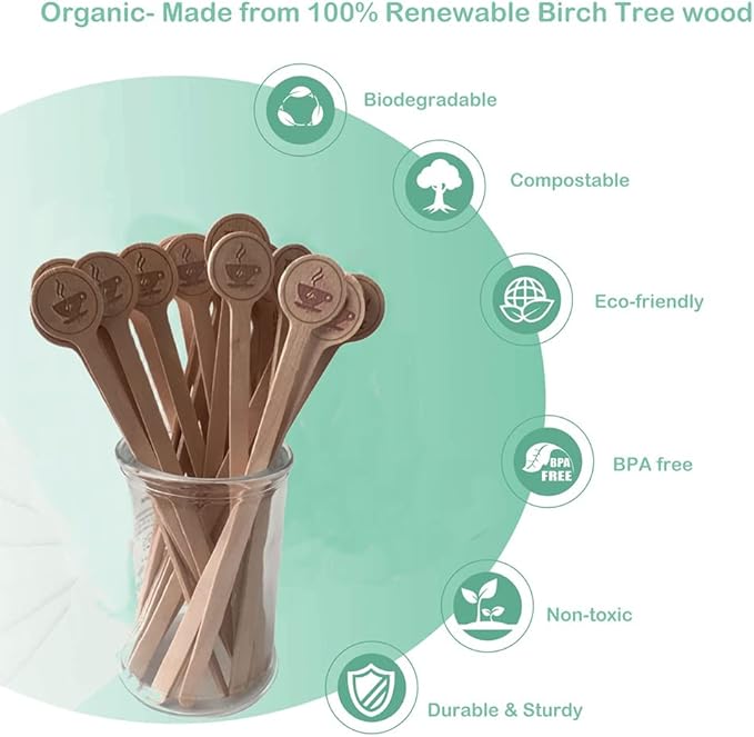 Coffee Stirrers Stir Sticks Wooden Beverage Mixer with Round Ends,Disposable Environmentally Friendly Biodegradable Cafe Grade Beverage Stir Sticks for 6 Inch Coffee Milk Cocktail Tea (100)