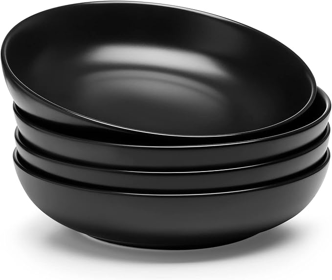 Teocera Matte Black Pasta Bowls Set of 4-35oz Large Oversized Porcelain Bowls for Spaghetti & Salad | Heat-Resistant, Chip-Resistant, Microwave & Dishwasher Safe | Smooth Non-Porous Surface