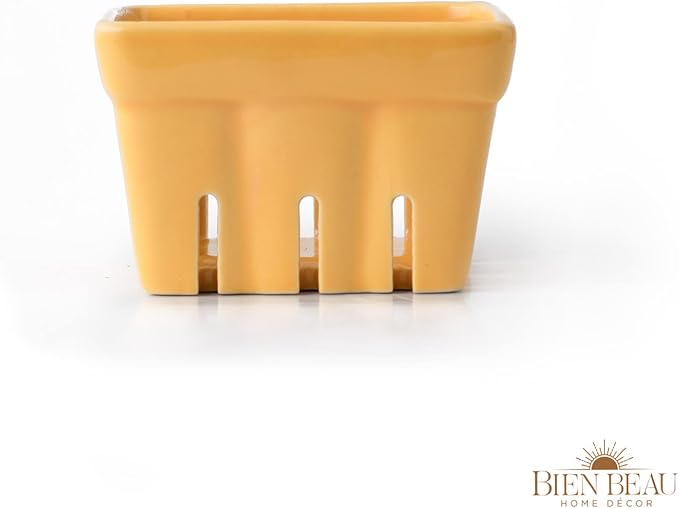 Ceramic Berry Basket, Farmhouse Colander, Farmers Market square Bowl. Rustic Kitchen decor fruit bowls, Fruit Baskets, Yellow, White and floral pattern Stoneware Harvest Bowls Set of 4