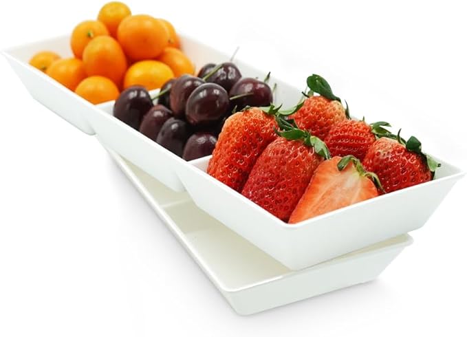 Divided Serving Tray Platter, 2 Pack 15" x 5" Fruit Veggie Food Tray for Party, Plastic Serving Trays for Appetizer, Snack, Dessert, Cookie, Brunch Decorations Platters, White Trays BPA-Free