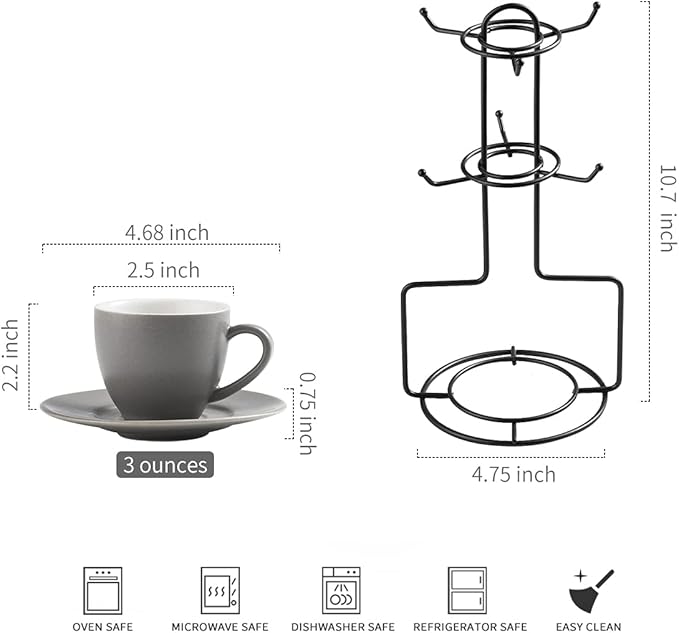 YHOSSEUN Porcelain Espresso Cups Set and Metal Stand 3 OZ Demitasse Cup For Coffee Shot, Mugs for Latte, Cafe Mocha, Cappuccino, and Tea, Serve for 6 Gray