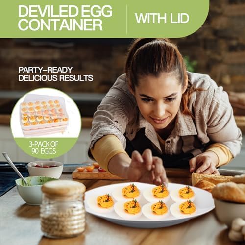 90 Deviled Egg Containers with Lid (Set 3),Plastic Deviled Egg Tray Carrier with Handl Injector Piping Tool,Clear Storage Deviled Egg Platter Holder for Refrigerator Party Picnic Party Events Serving