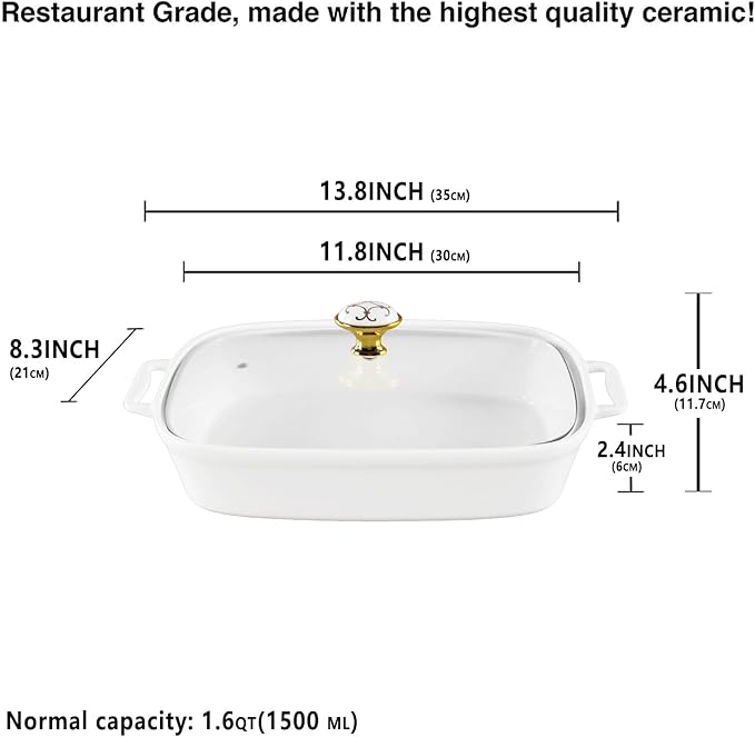 11" x 8" Ceramic Rectangular Casserole Dish with Glass Lid, 1.6 Quart White Serving Soup Tureen,Chafing Dish for Buffet, Family Food preserve Tray, Catering Casserole for Party Style