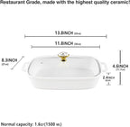 11" x 8" Ceramic Rectangular Casserole Dish with Glass Lid, 1.6 Quart White Serving Soup Tureen,Chafing Dish for Buffet, Family Food preserve Tray, Catering Casserole for Party Style