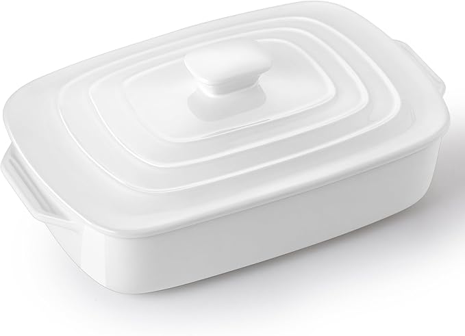 Large Ceramic Casserole Dish with Lid, 4.0 Quart Covered Rectangular Stoneware Baking Dishes for Oven, Deep 9x13 Inch Lasagna Pans for Baking and Serving, Perfect for Christmas Gifts, White