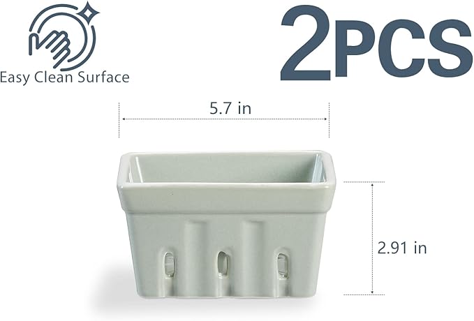 ONEMORE Ceramic Berry Basket, Square Fruit Bowls, Rustic Stoneware Berry Colander Set of 2, 5.7 inch, Gray & Light Green