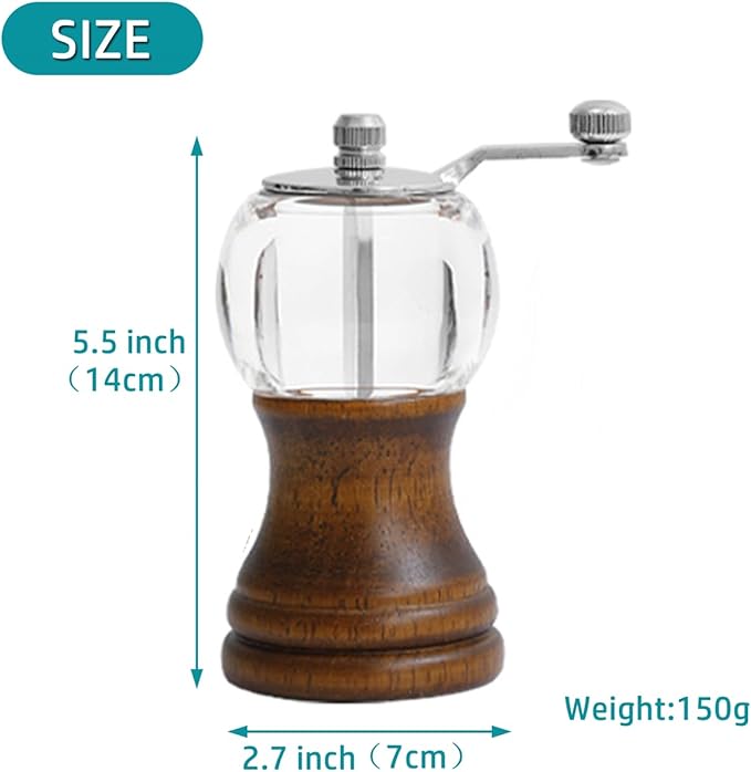 Pepper Grinders with Handle Crank Acrylic Manual Salt and Pepper Mills Vintage Black Wood Spice Grinders, Ceramic Core, Stainless Steel Handle, Adjustable Coarseness (Walnut color 2pcs-5in)