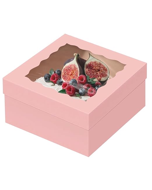 qiqee 12x12x6 Cake Box, 18 Sets Pink Cake Box with Window ＆ 18 Sets 8" Cake Round Boards, 8inch Cake Containers, 10 Meters Silk Ribbon