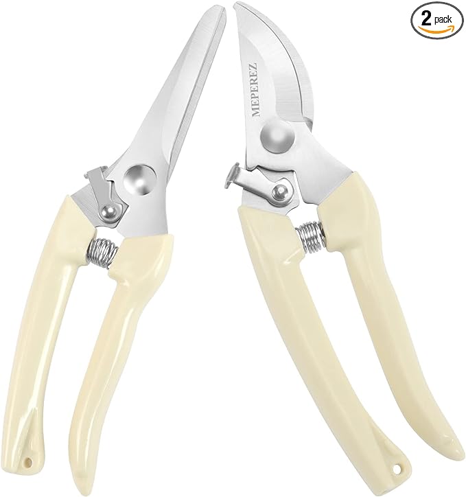 Premium garden shears, meperez pruning scissors gardening tools, pruners for flower, bushes, rose and fruit tree, use for florist, yard and orchard the plant clippers, sharp white steel anvil snips, 2