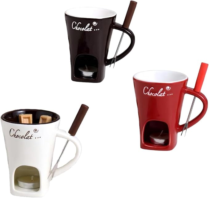 Fondue Mugs,Fondue Cup,Heat Resistant Ceramic Mini Fondue Set with Forks - Reusable Chocolate Melting Cup for Desserts, Date Nights & Parties (3PCS)