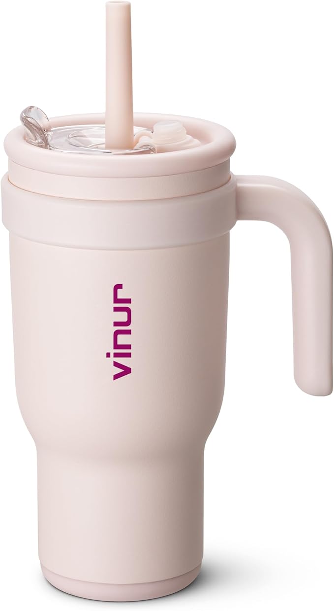 VINUR Insulated Tumbler with Handle-18/8 Stainless Steel Tumbler with Lid and Straw-Reusable Drink Water Cup Travel Mug for Women| Fits Cupholders|30 oz | Pink